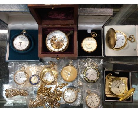 Group of pocket/fob watches and gold plated watch chains Majority are working and mechanical wind movements, fairly modern. T