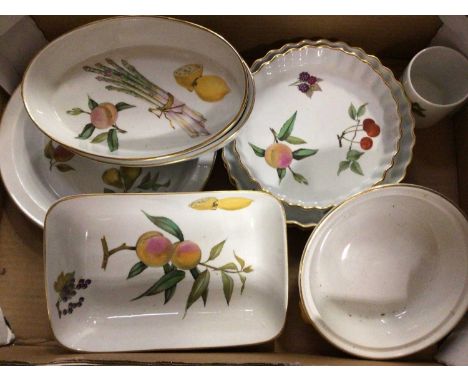 Six boxes of china and glassware including Royal Worcester Evesham, Poole tea ware and treen