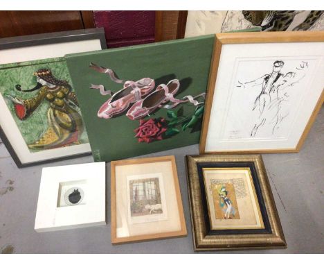 Group of pictures and prints including an Indo-Persian manuscript leaf in glazed frame, cat studies, Charlotte Fawley ballet 