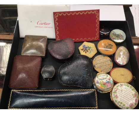 Group antique and later empty jewellery boxes, Cartier receipt holder, various pin cushions and two Halcyon Days enamel trink