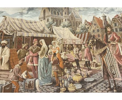 Machined tapestry depicting Mediaval Ghent, approximately 130 x 165cm