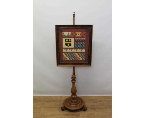 19th century style armorial banner fire screen, the finely woven square banner adjustable on column support and stepped circu
