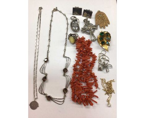 Group costume jewellery including 9ct gold chain with zircon pendant, silver chain and pendant, vintage coral necklace, wrist