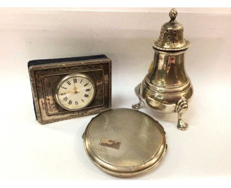 Silver pepperette, silver compact and silver mounted bedside clock