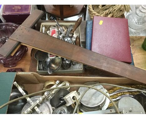 Group of metalware, a work lamp, cutlery canteen and treen items.