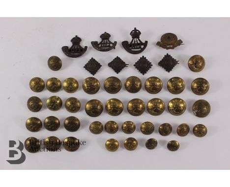 Three Durham Light Infantry Cap badges, four shoulder pips and a quantity of J R Gaunt &amp; Sons, Kings Royal Rifle twelve l