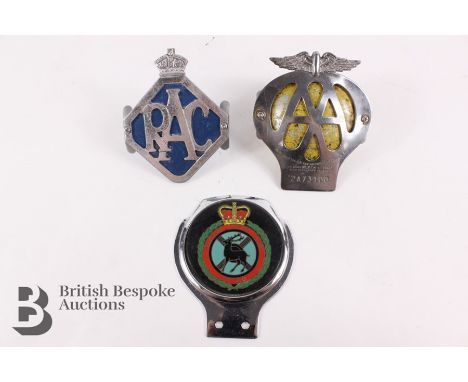 1950's classic car membership badges, including RAF Main Motor Club, Automobile Association and The Royal Automobile Club. (3