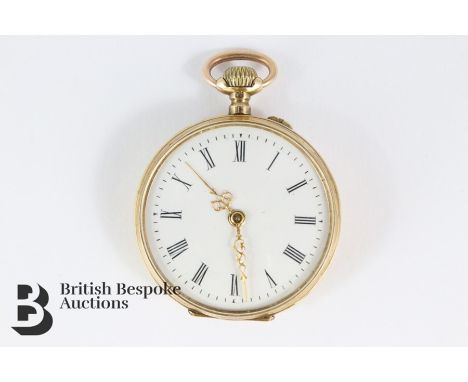 Swedish 14k yellow gold hallmarked ladies pocket watch, the watch having a white enamel face with Roman numerals, yellow meta