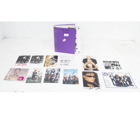 Autograph Collection in a purple binder - mostly 6 x 8 photos and postcards unless stated. All genuine autographs unless stat