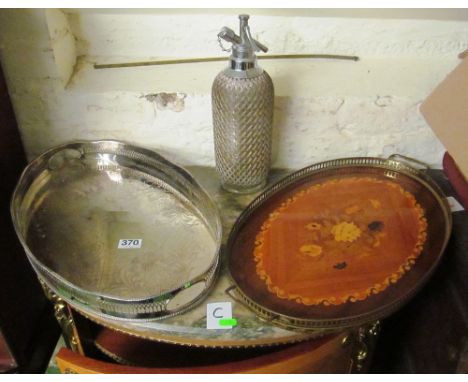 A silver plated galleried tray, marquetry tray and a vintage soda syphon