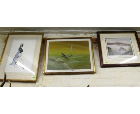 Honoria D. Marsh - coloured silhouette Mrs Dashwood and her daughter, two prints landscapes, print Spitfire and print seascap