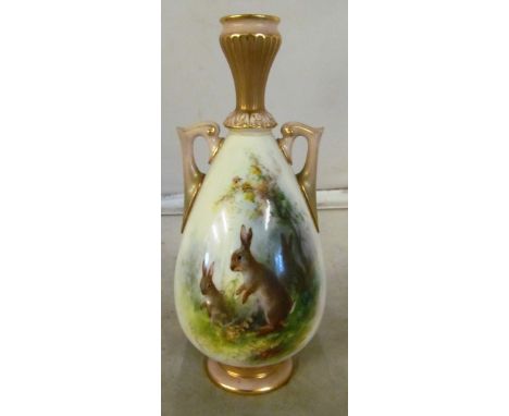 A Royal Worcester vase rabbitsunder blue light neck reglued and restoration ends of both handles