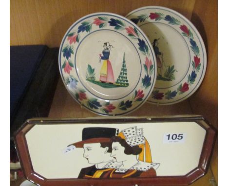 Two Quimper Pottery plates and large sandwich tray decorated Breton figures (tray has minor chips to glaze)