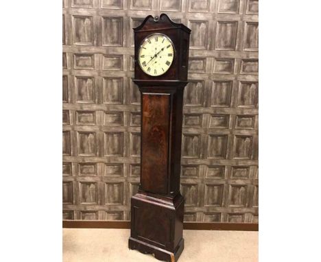 EARLY 19TH CENTURY FLAME MAHOGANY LONGCASE CLOCKby Geo. Patrick, Greenwich, the 11.5 inch circular painted dial with Roman nu