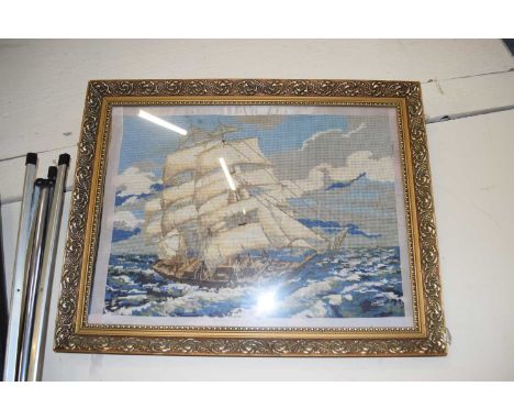 TAPESTRY PICTURE OF A GALLEON, GILT FRAMED