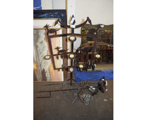 MIXED LOT: IRON CANDLE HOLDER, FLOWER FORMED GARDEN ORNAMENTS AND A SMALL LANTERN