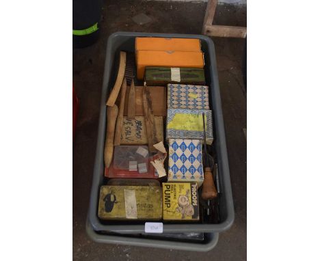 TWO BOXES OF VARIOUS SCREWS, TOOLS, GARAGE CLEARANCE ITEMS ETC