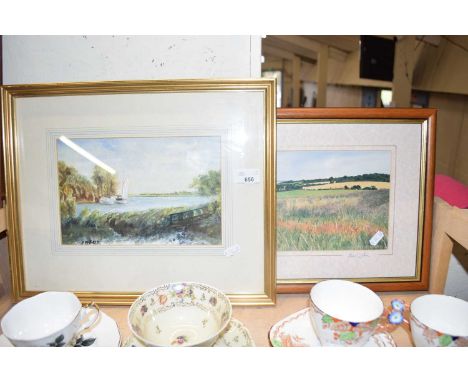 ANDREW DIBDEN COLOURED PRINT, KELLING, NORTH NORFOLK TOGETHER WITH REDFERN WATERCOLOUR, RANWORTH, BOTH FRAMED AND GLAZED (2)