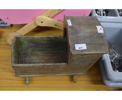 Modern wooden painted dolls' pram and bedding with a small varnished wooden baby dolls' cot and a vintage Triang toy ironing 