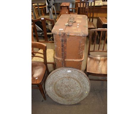 VINTAGE WOODEN BOUND TRUNK AND A BRASS TABLE TOP (2)