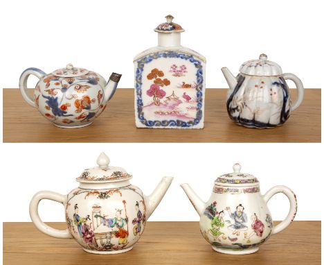 Group of four porcelain teapots and a tea caddy Chinese, 18th Centuryto include an ovoid teapot, painted with an interior sce