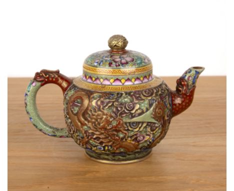 Yixing teapot with enamelled decorationChinesedecorated with dragons around the body, a key border and with a Kangxi mark, 20