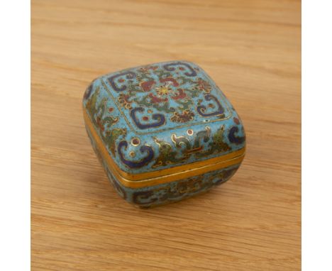 Cloisonné enamel small boxChinese, Qianlongsquare shaped square box with rounded sides, the cover decorated on a blue ground 