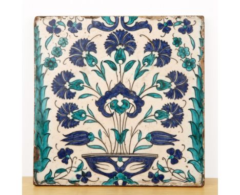 Iznik style Cantagalli tileTurkishpainted in the 16th Century style with a vase of tulips, in a turquoise and cobalt blue pal