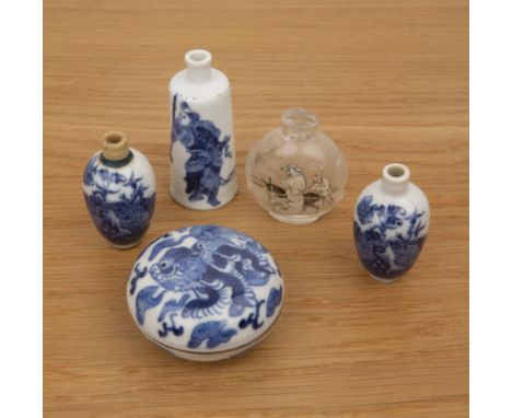 Collection of snuff bottles and ceramics Chinese, 19th Centurycomprising: a pair of blue and white snuff bottles decorated on
