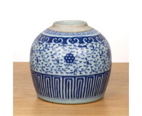 Blue and white porcelain ginger jarChineseconverted to a lamp base, 18.5cm high  With some firing faults. Top fitting is loos
