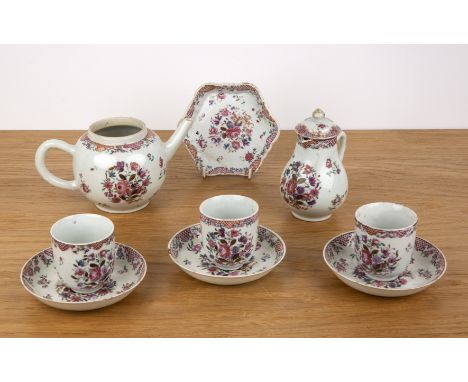 Part famille rose porcelain serviceChinese, Qianlongcomprising a teapot, sparrow beak cream jug and cover, a teapot stand and