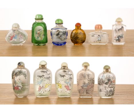 Eleven inside painted snuff bottlesChinese, 20th Centuryincluding scenes of children playing in a garden, landscapes and flow