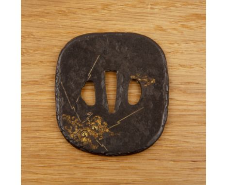Iron tsubaJapanese, 1800-1868of rounded square form decorated with a hammered surface on both sides, emulated scattered thund