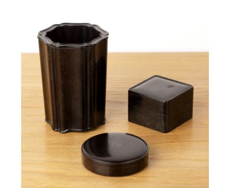 Zitan three piece scholars setChinese, 20th Centuryincluding a fluted brush pot, 9cm diameter x 12.3cm a square box, 6.3cm wi