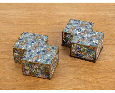 Pair of shaped blue ground cloisonne boxesChinese, 19th Centuryeach with bat and butterfly decoration, 15cm long x 10cm wide 
