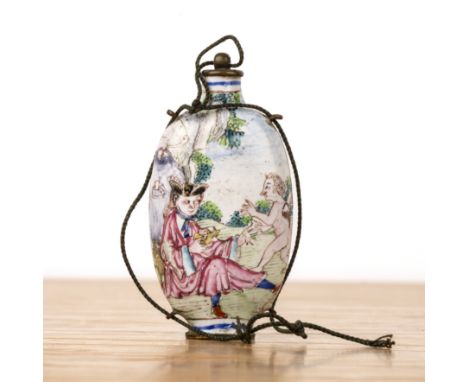 'European painted' enamel snuff bottleChinese, Qianlongthe allegorical scene with figures and cupids, set beneath a rocky ban