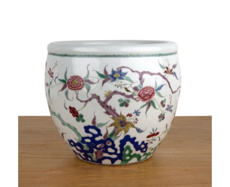 Famille rose small porcelain fish tankChinese, 19th Centurypainted with a fence, rockwork and flowering branches, with an und