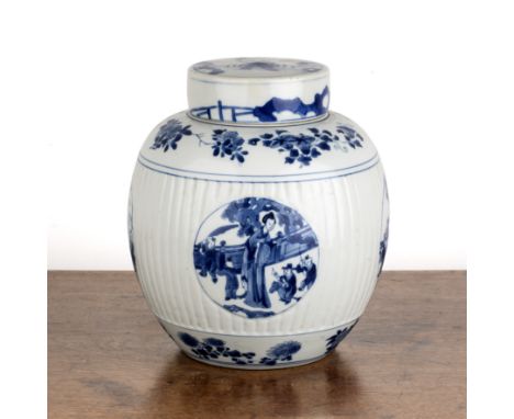 Blue and white porcelain ovoid jar and cover Chinese, Kangxipainted with four panels of children playing, and with a Chenghua