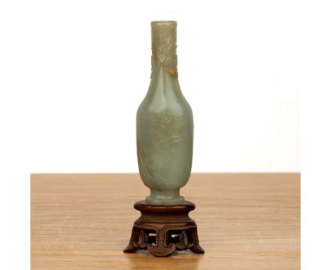 Small jade miniature vase on a wood standChinese, 18th/19th Centurycarved with flowers and rockwork, 12.3cm excluding the sta