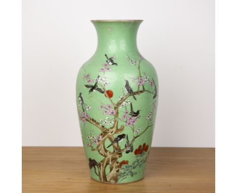Green and enamel vaseChinese, 19th Centurypainted with birds and blossom on a an incised ground, with Qianlong zhuanshu seal 
