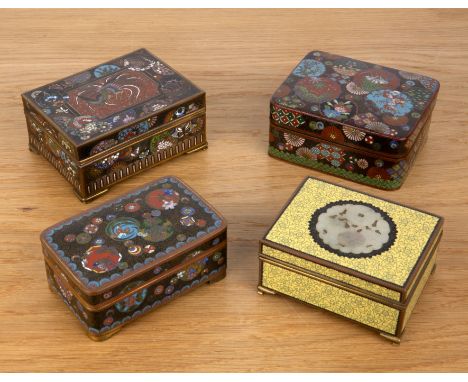 Four cloisonne boxesJapanese, early 20th Centuryincluding a yellow box marked Yamanaka and Co, Japan, with an inset Chinese j