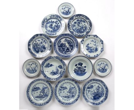 Group of blue and white porcelain bowls and platesChinese, 18th/19th Centuryincluding a pair of saucer dishes painted with fi