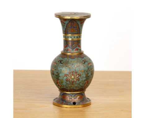 Cloisonne vaseChinese, Qianlongwith taotie, lotus and ruyi decoration, 21.2cm high  The vase has been drilled and used as a l