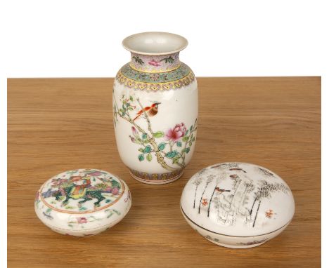 Group of three pieces Chineseto include a small Republic period vase, painted with a bird and flowering peony, with inscripti