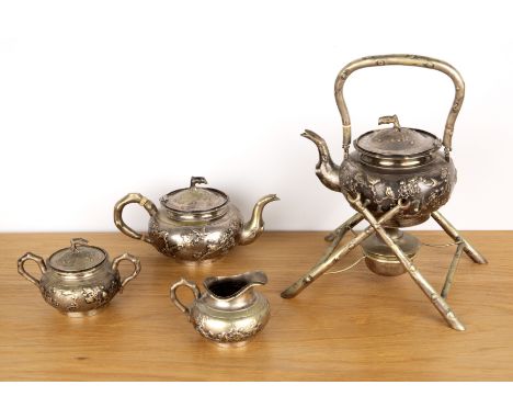 Zeewo (Shanghai) silver/white metal tea set Chinese, Export, late 19th/early 20th Centurydecorated with birds amongst cherry 