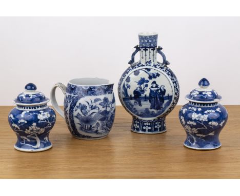 Blue and white porcelain moon flaskChinese, 19th Centurypainted with scholars and with an apocryphal Kangxi mark, 25cm, a pai