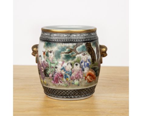 Porcelain barrel vaseChinese, Republic or laterwith a painted garden scene of children painting and playing in the garden, wi