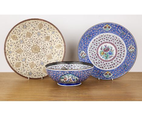 Three enamel piecesPersian, 20th Centuryincluding a bowl, 18.5cm and two similar plates, 24.5cm and 25.5cm  With some wear to