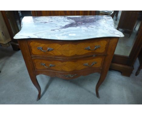 A French Louis XV style mahogany, kingwood and marble topped petit commode, 70cms h x 78cms w 