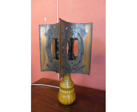 A French Accolay studio pottery table lamp, with with metal hexagonal shade, 60cms h 